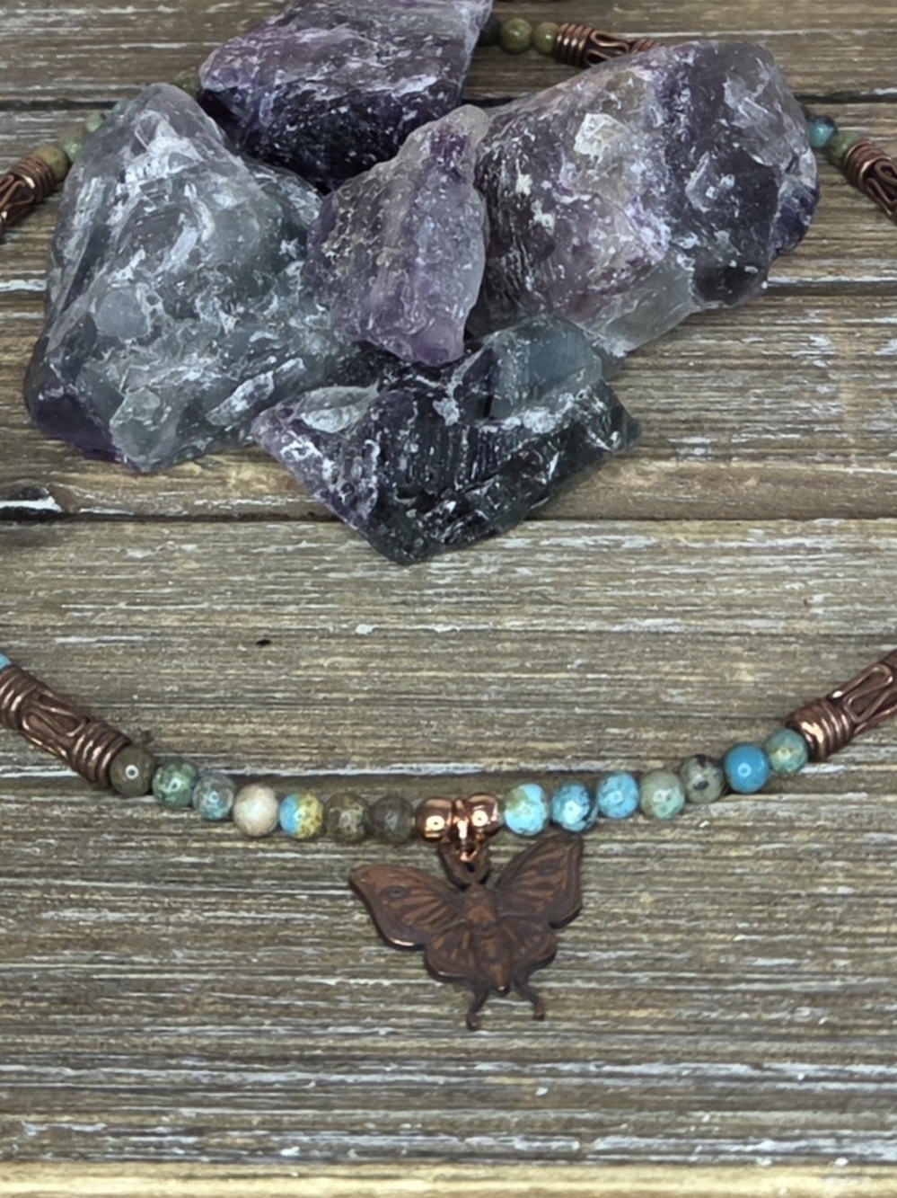 Turquoise and Copper Beaded Necklace With Death's Head Moth Pendant - Picture 3 of 6